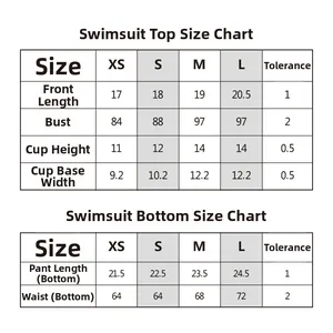 Detailed size guide for bikini set showing measurements for top and bottom in XS to L