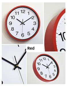 Multi-angle views of a 30cm red round wall clock with minimalist quartz mechanism