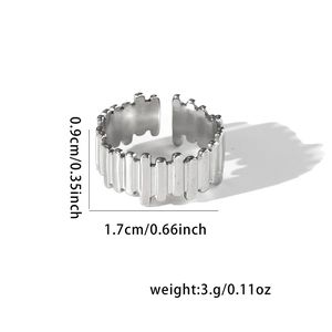 Detail view of silver titanium steel ring with gear texture and size specifications