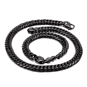 Polished black stainless steel Cuban curb chain necklace and bracelet set on white background
