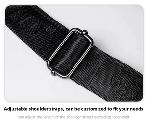 Macro shot of adjustable nylon shoulder strap with metal buckle and brand logo weaving