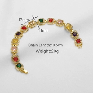 Detail view of 18k gold plated bracelet showing colorful square zircons and 19.5cm length