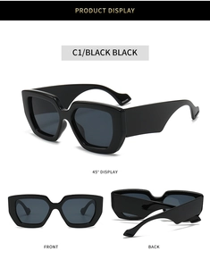 Three views of black square oversized sunglasses showing front, back, and 45-degree angle