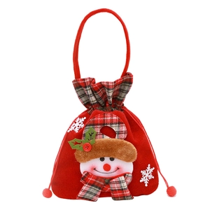 Christmas snowman drawstring gift bag in red velvet and festive plaid fabric
