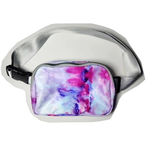 Detail of waterproof nylon waist bag featuring pink and purple tie-dye pattern and silver strap