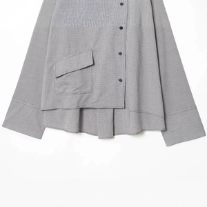 Women's plaid long sleeve shirt with double-breasted design and flap pockets in grey