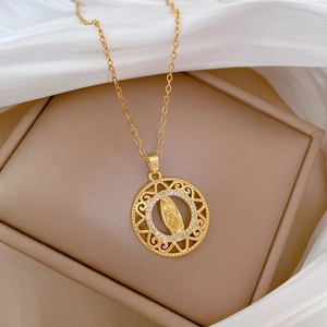Luxurious gold titanium steel necklace with a crystal-encrusted portrait medallion pendant