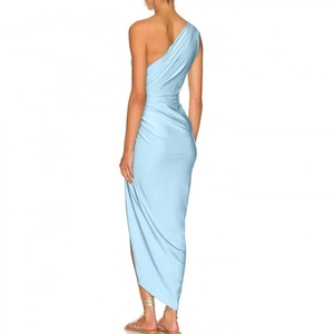 Elegant light blue one-shoulder ruched dress with asymmetric hem for summer beach vacation