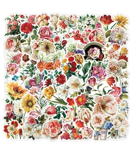 Macro view showing various vintage floral stickers including roses, tulips and sunflowers