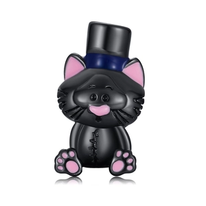 Detailed view of a black enamel cat charm with a top hat and pink paw prints for DIY bracelets