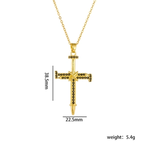 Gold cross necklace with black stones, dimensions 38.5x22.5mm and weight 5.4g