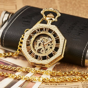 Macro shot of gold octagonal mechanical pocket watch with Roman numerals on vintage background