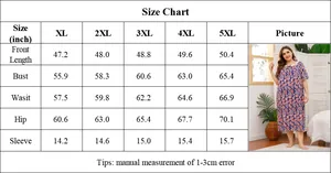 Size guide for plus size women's nightdress with detailed measurements in inches