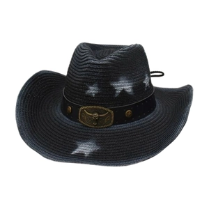 Western Cowboy Straw Hat Vintage Star Print Sun Shade Beach Summer Vacation Hat With Metal Bull Head Buckle And Leather Band