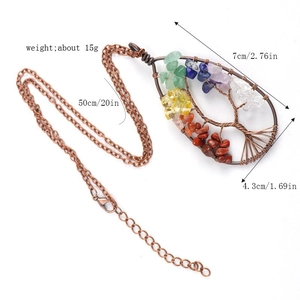 Detail showing red copper wire life tree pendant dimensions and seven chakra stones