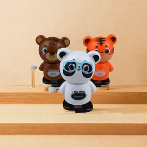 Wind-up walking panda and bear toys on a wooden display stand for toddlers