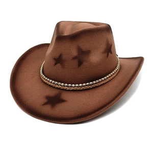 Brown wool felt cowboy hat with dark brown star prints and gold beaded trim band