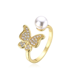 Elegant gold butterfly ring with cubic zirconia accents and a large white pearl detail