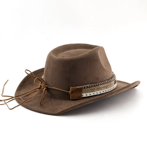 Detail of dark brown suede cowboy hat with braided band, metal stars and rivets
