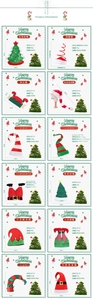 Detailed specs of various holiday party hats including striped and spring designs