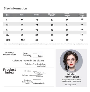 Size chart for embroidered blue tweed dress showing bust, waist, and length measurements