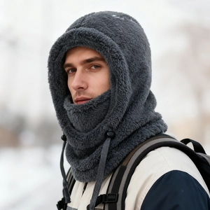 Detail of grey plush balaclava with adjustable drawstrings for winter wind protection