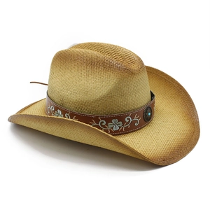 Chapeau de cowboy en paille style western avec ornement turquoise et broderie florale