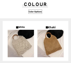 Detail of woven cotton rope beach bags in white and khaki with round wooden handles