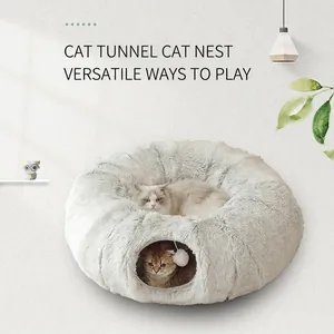 Soft Long Plush Cat Tunnel Bed Foldable Warm Pet House Nest With Hanging Toy Ball Large Indoor For Multi Cats Small Dogs
