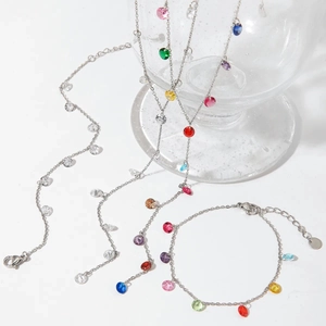 Set collana e bracciale con ciondolo in zircone colorato in acciaio inossidabile lucido
