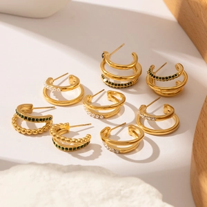 Set of 4 pairs 18K gold plated stainless steel C-shape earrings with green stone and pearls