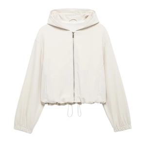 Detail of hooded jacket with full zipper, elastic cuffs and adjustable drawstring hem