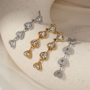 Elegant 316 stainless steel heart drop earrings with zircon stones in gold and silver