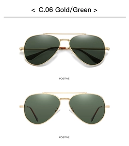 Front view of metal aviator polarized sunglasses with gold frame and dark green lenses