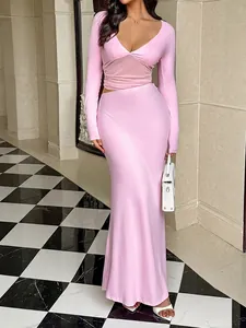 Women Sexy Maxi Dress Long Sleeve Deep V Neck Waist Cut Out Mesh Patchwork Bodycon Elegant Y2K Style Polyester