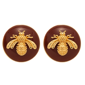 Retro round stud earrings with golden bee relief and burgundy enamel on white background