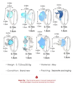Guide des tailles pour ensemble de 8 bagues océan montrant le diamètre et les dimensions