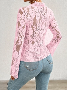 Detailed back view of pink lace long sleeve top with high collar ruffle trim