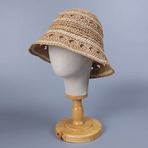 Foldable handmade striped straw bucket hat with hollow crochet pattern for women