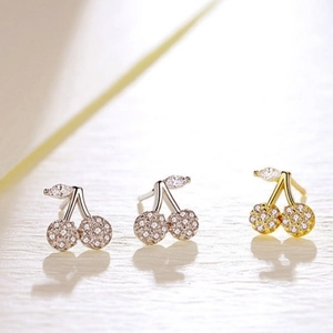 Delicate 925 silver cherry stud earrings with pavé zircons and marquise cut leaf accents