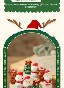 Macro detail of cartoon Christmas figurines including Santa and reindeer resin decor