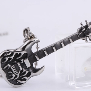 Vintage rock punk electric guitar pendant with flame relief on stainless steel ball chain