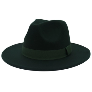 Detailed side view of dark green wide-brimmed felt fedora hat with ribbon band