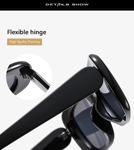 Detail view of the flexible hinge and high quality painting on black thick frame sunglasses