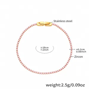 Detail view of 18K gold-plated tennis bracelet with pink zircon and 18cm length specification