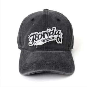 Close-up of Florida Original 01 embroidery on a vintage washed denim baseball cap