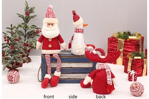 Front, side, and back views of festive knitted Santa Claus, snowman, and elk dolls
