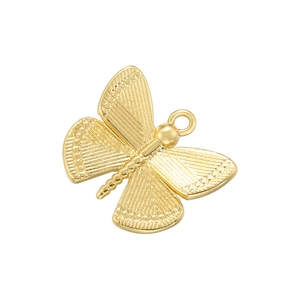 Detailed close-up of a golden butterfly metal pendant with textures and a top hanging loop