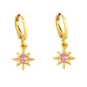 Golden starburst earrings with pink round-cut zircon and leverback clasps on white background