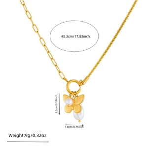 Detailed view of butterfly pearl pendant with necklace measurements and specifications